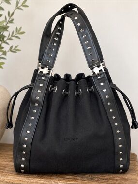 Black Drawstring Bucket Bag with Studded Straps